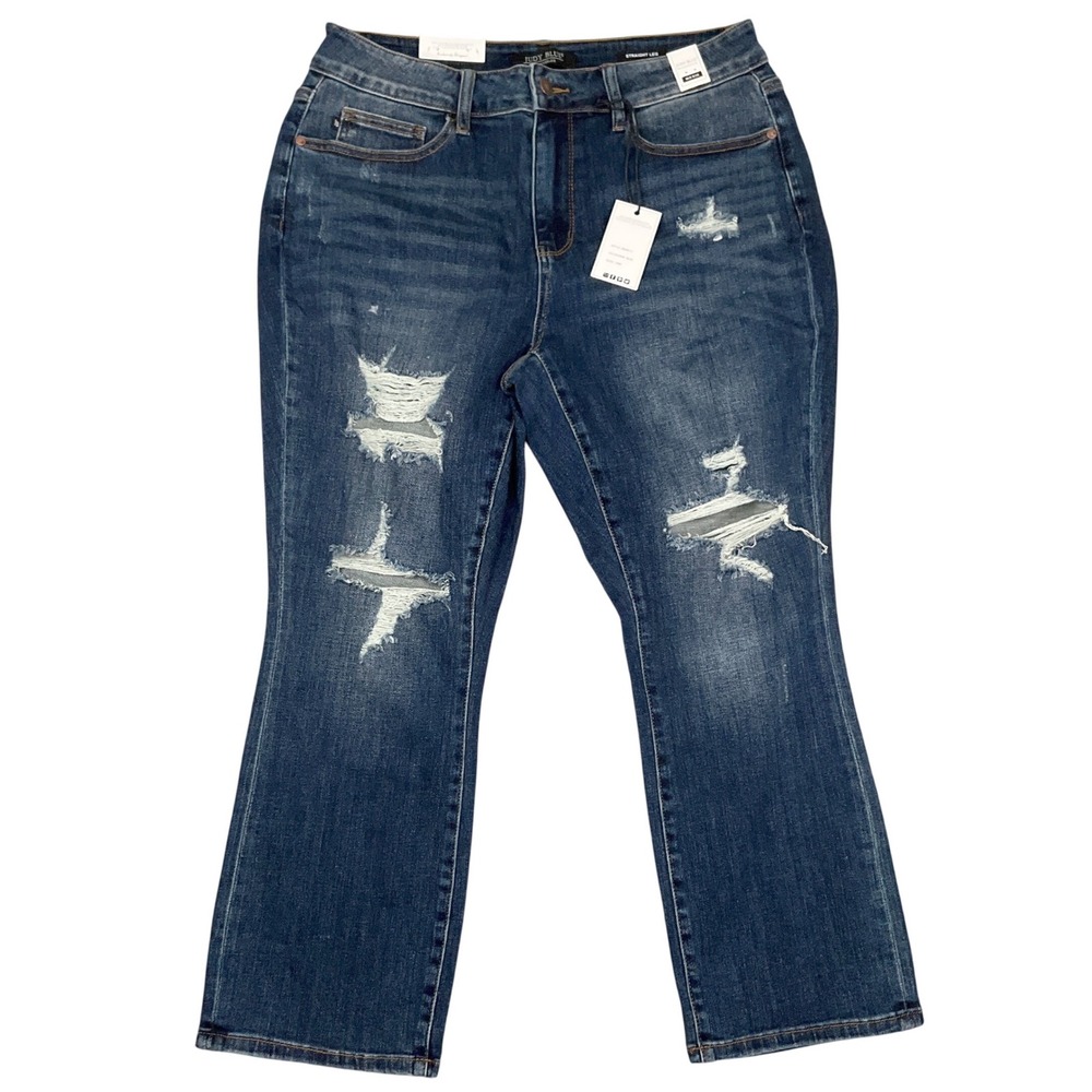 Judy Blue Jeans Women 16W Dark Blue Straight Leg Distressed Ripped JB88517 NWT